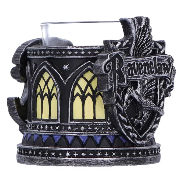 Ravenclaw Candle Holder Resin Black Silver - Gothic Crest Design A detailed Ravenclaw-themed candle holder with silver, blue, and gothic architectural designs.
