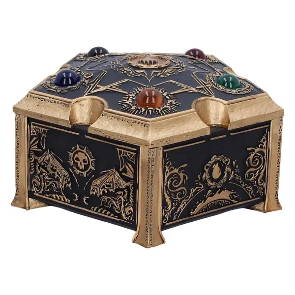 Ornate Gold and Black Jewelry Box - Gemstone Engraved Lid An ornate gold and black decorative box with engraved patterns and colorful gemstone accents.
