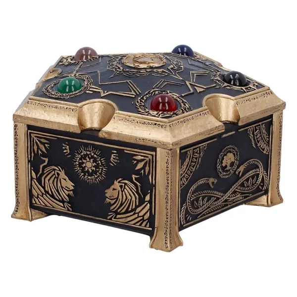 Antique Hexagonal Jewelry Box - Black Gold Gemstone Accents An ornate hexagonal antique box with gold engravings and colorful gemstone accents.