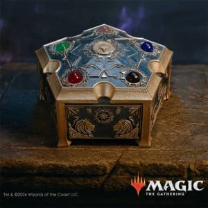Magic The Gathering Gold Hexagonal Box - Gemstone Engraved A gold hexagonal Magic: The Gathering box with colorful gemstones and ornate engraved designs.