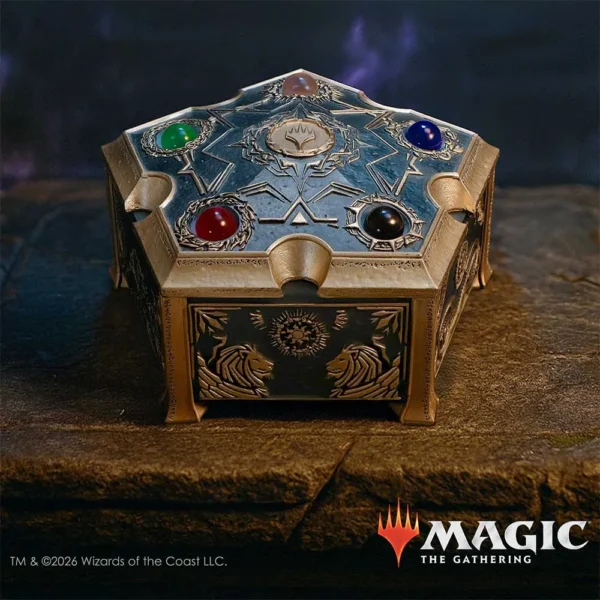 Magic The Gathering Gold Hexagonal Box - Gemstone Engraved A gold hexagonal Magic: The Gathering box with colorful gemstones and ornate engraved designs.
