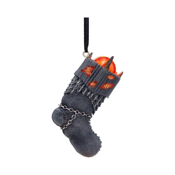 Dragon Scale Christmas Stocking Ornament - Gray With Fiery Top A dark dragon-scale Christmas stocking ornament with fiery orange accents and metallic chain details.