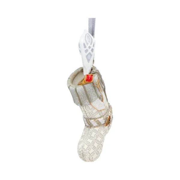 A white and gold Christmas boot ornament with a red gift box and silver hanging ribbon.