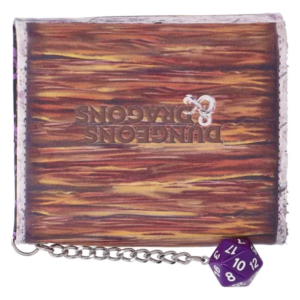 A faux-wood Dungeons & Dragons book keychain with a purple 20-sided die attached.