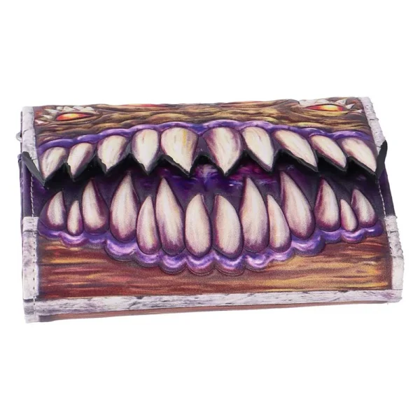 A purple mimic chest with sharp teeth and glowing eyes resembling a fantasy monster.