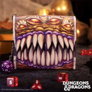 Dungeons & Dragons Monster Wallet Leather Purple Glow Eyes A fantasy-themed wallet shaped like a Dungeons & Dragons monster with teeth, eyes, and dice nearby.
