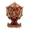 Dragon Dice Sculpture Collectible - Red and Gold Fantasy Artifact A red and gold dragon-themed twenty-sided die sculpture on an ornate pedestal base.