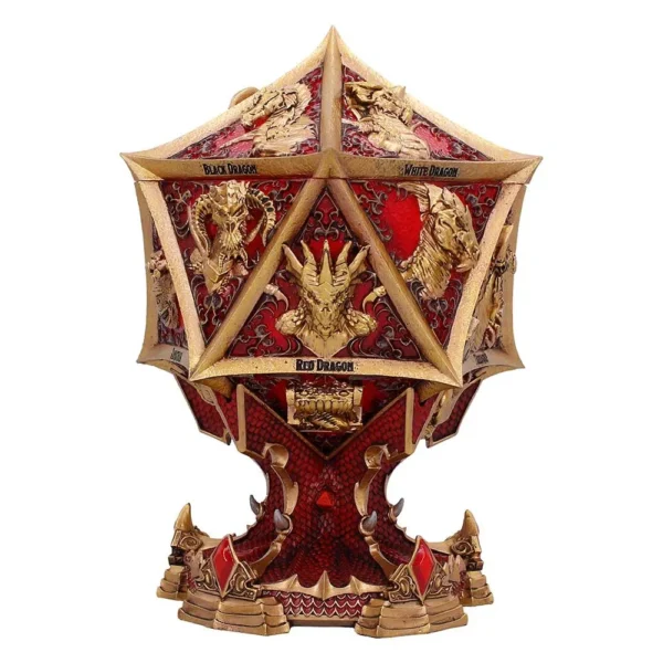 Dragon Dice Sculpture Collectible - Red and Gold Fantasy Artifact A red and gold dragon-themed twenty-sided die sculpture on an ornate pedestal base.
