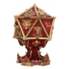 Dungeons & Dragons Gold Die Sculpture - Red Accents & Carvings Golden twenty-sided Dungeons & Dragons die sculpture with red accents and intricate fantasy carvings.