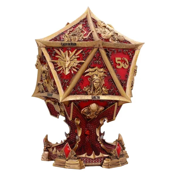 Dungeons & Dragons Gold Die Sculpture - Red Accents & Carvings Golden twenty-sided Dungeons & Dragons die sculpture with red accents and intricate fantasy carvings.