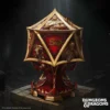 Dungeons & Dragons 50th Anniversary D20 Die - Red Gold Ornate A large red and gold D20-shaped dice box with gold 3D carvings of Vecna and a Beholder on a dragon-scale base.