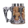 Futuristic Silver Metal Mug - Sci-Fi Female Character Design Futuristic metallic mug with sculpted sci-fi female characters and cyberpunk mechanical design details.