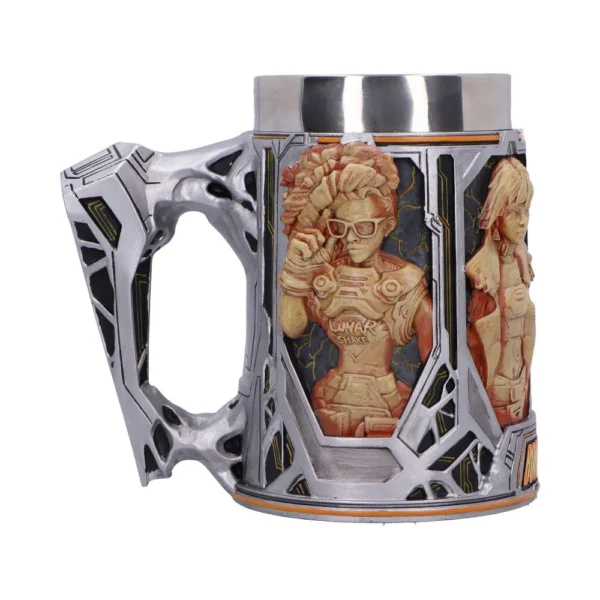 Futuristic metallic mug with sculpted sci-fi female characters and cyberpunk mechanical design details.