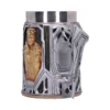 Futuristic Metallic Mug Silver Resin - Armored Sci-Fi Design A futuristic metallic mug featuring a sculpted armored figure and detailed sci-fi design elements.