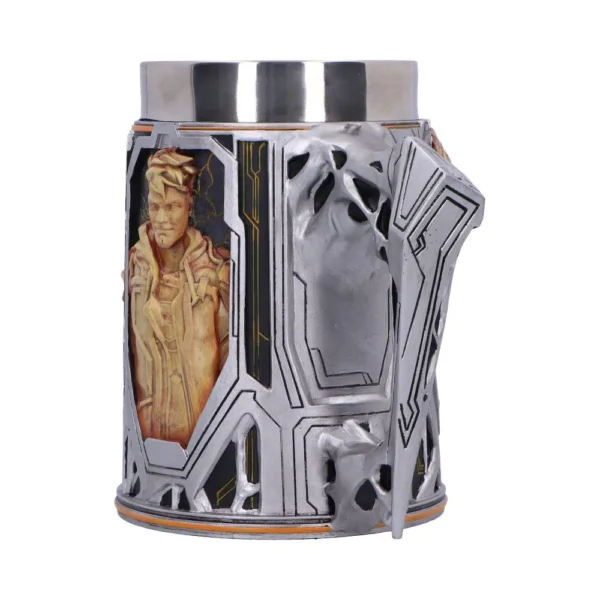 A futuristic metallic mug featuring a sculpted armored figure and detailed sci-fi design elements.