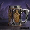 A futuristic metallic mug featuring detailed Borderlands 4 character carvings on an alien landscape background.