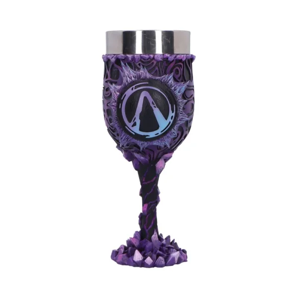 Fantasy Crystal Goblet Cup - Black and Purple Glowing Emblem A black and purple fantasy goblet with glowing blue emblem and crystal-like base.