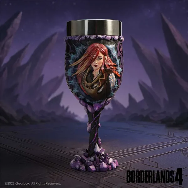 Borderlands 4 Fantasy Goblet Stainless Steel Purple Crystal Base A futuristic goblet featuring a red-haired woman relief and glowing purple crystal base.