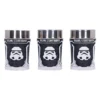 Original Stormtrooper Metal Containers Black White - Collectible Three black and white Stormtrooper-themed cylindrical containers with silver lids on a white background.