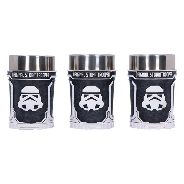 Three black and white Stormtrooper-themed cylindrical containers with silver lids on a white background.