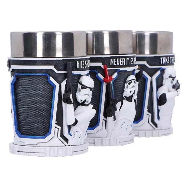 Three detailed Star Wars Stormtrooper mugs with 3D designs and stainless steel rims.