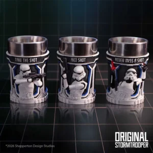Star Wars Stormtrooper Stainless Steel Cups - 3D Relief Design Three silver-and-white Star Wars Stormtrooper-themed cups with engraved designs on a dark reflective surface.