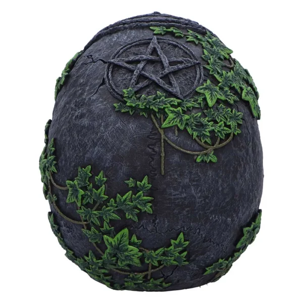 Mystic Stone Egg Artifact Gray Finish With Pentagram And Vines A dark stone egg carved with a pentagram and entwined with green vines and leaves.