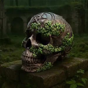 Occult Carved Human Skull Bone Artifact - Ivy and Moss Detail A carved human skull with ivy growing over it on mossy stone ruins in nature.