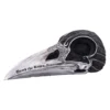 Gothic Raven Skull Sculpture Bone White - Engraved Beak Text A gothic raven skull sculpture with engraved beak text and metallic feather details.