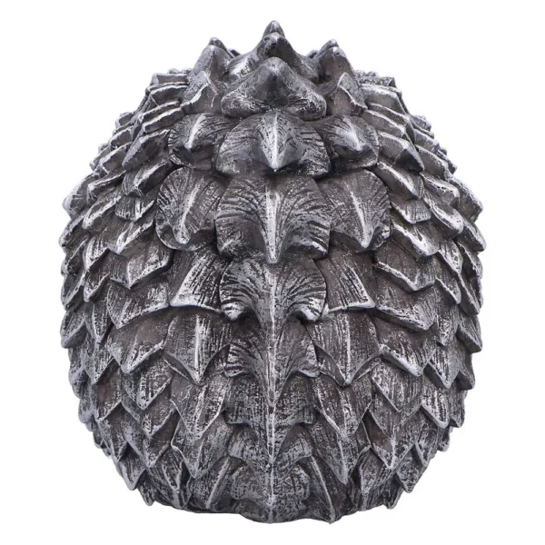 Dragon Egg Sculpture Metallic Silver - Textured Scaled Design A metallic silver sculpture shaped like a pinecone or dragon egg with detailed overlapping scales.