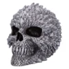 Dragon Skull Sculpture Metal Silver - Scaled Fanged Design A metallic dragon-scaled skull sculpture with fanged teeth and detailed reptilian texture.