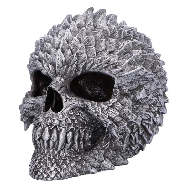 Dragon Skull Sculpture Metal Silver - Scaled Fanged Design A metallic dragon-scaled skull sculpture with fanged teeth and detailed reptilian texture.