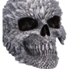 Dragon Skull Sculpture Silver Metallic Armor Plated Design A silver dragon-scale textured skull sculpture with metallic shine and detailed fanged features.