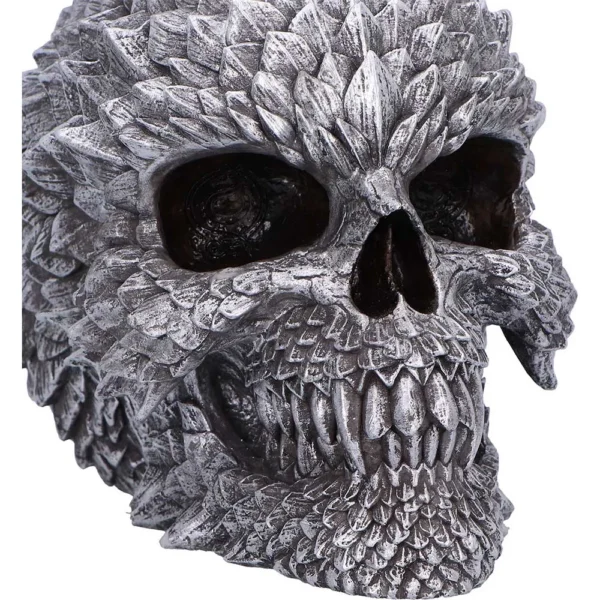 Dragon Skull Sculpture Silver Metallic Armor Plated Design A silver dragon-scale textured skull sculpture with metallic shine and detailed fanged features.