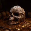 Metallic Dragon Skull Sculpture Gold Hoard - Scaled Detail A metallic dragon-like skull resting on gold coins and roots in a dark, moody setting.