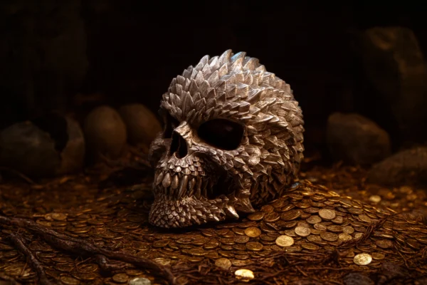 Metallic Dragon Skull Sculpture Gold Hoard - Scaled Detail A metallic dragon-like skull resting on gold coins and roots in a dark, moody setting.