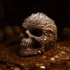 A metallic dragon-like skull resting on gold coins and roots in a dark, moody setting.