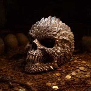 Metallic Dragon Skull Sculpture Gold Hoard - Scaled Detail A metallic dragon-like skull resting on gold coins and roots in a dark, moody setting.
