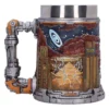 Futuristic Metallic Mug Silver Robotic Handle Desert Skyline Futuristic metallic mug with robotic handle and desert cityscape under stormy sky and lightning.