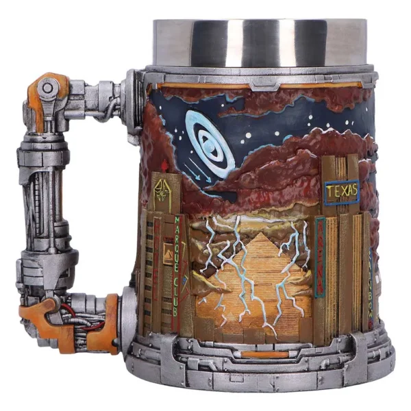 Futuristic Metallic Mug Silver Robotic Handle Desert Skyline Futuristic metallic mug with robotic handle and desert cityscape under stormy sky and lightning.