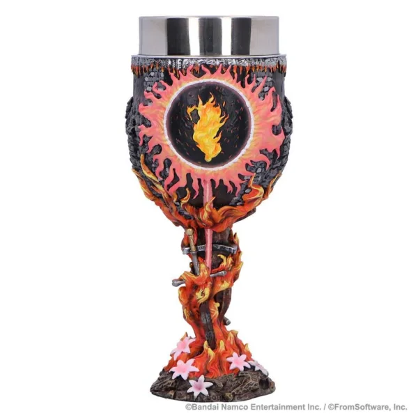 Dark fantasy chalice with fiery core, twisted metal stem, and pink flowers at the base.