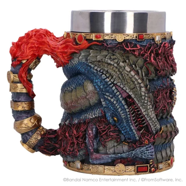 Fantasy Dragon Mug Stainless Steel Blue - Gold Fiery Handle A detailed fantasy dragon-themed mug with gold accents and a fiery handle.
