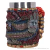 Dark Fantasy Ceramic Mug Blue Serpentine Creature Gold Trim Dark fantasy sculpted mug with serpentine creature face, red tendrils, and ornate gold details.