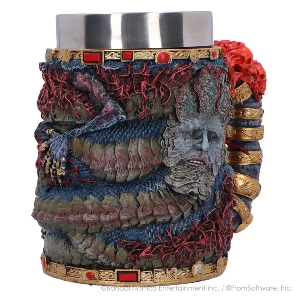 Dark Fantasy Ceramic Mug Blue Serpentine Creature Gold Trim Dark fantasy sculpted mug with serpentine creature face, red tendrils, and ornate gold details.