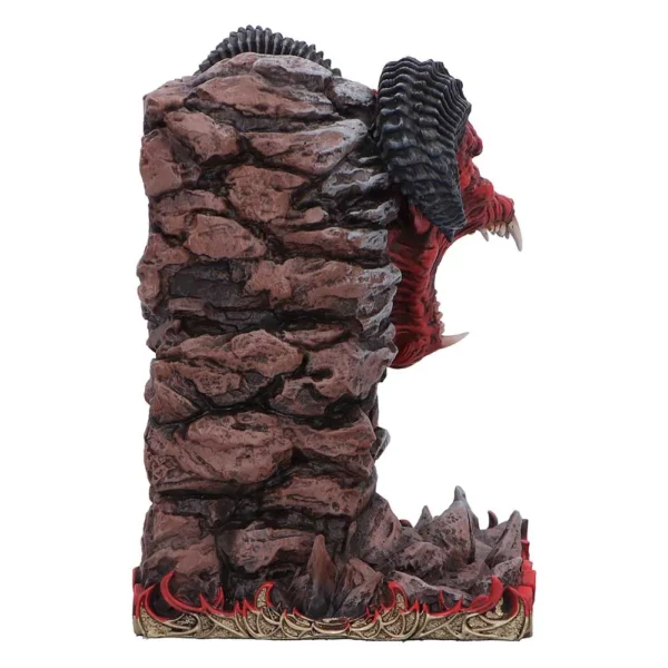 Demon Rock Sculpture Resin Statue - Red Horned Fiery Design A red demon head emerging from jagged stone with black horns and fiery base accents.