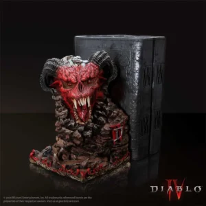Diablo IV Demonic Bust Statue Red Resin With Black Horns A fiery red demonic bust from Diablo IV with black horns and glowing eyes.