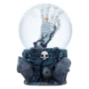 Gothic Snow Globe Resin Base Blue Roses - Skeletal Hand Design A gothic snow globe with a skeletal hand rising from a grave amid tombstones and blue roses.