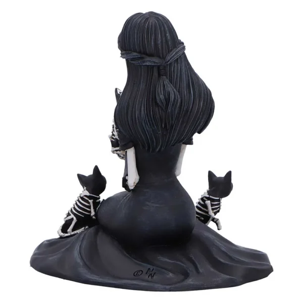Gothic Girl Figurine Resin Statue Black Dress With Skeletal Cats Gothic girl figurine kneeling with two skeletal cats on a dark base.