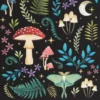 Mushroom Forest Art Print Black Background - Moonlit Enchanted Scene Moonlit enchanted forest illustration with colorful mushrooms, lush foliage, stars, and a pale-green moth.
