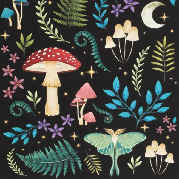 Moonlit enchanted forest illustration with colorful mushrooms, lush foliage, stars, and a pale-green moth.